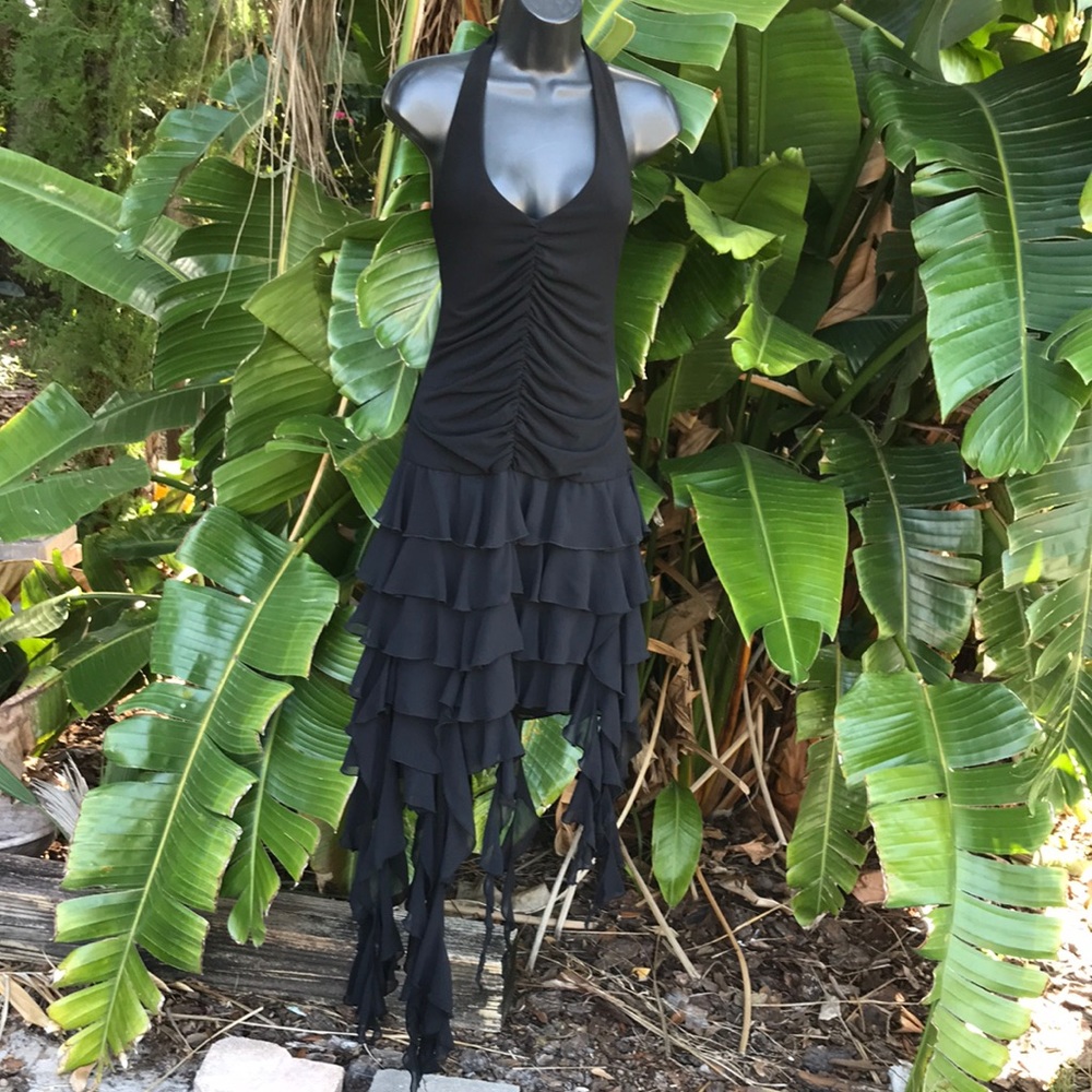 he drop waist halter dress with ruffled fringe hem